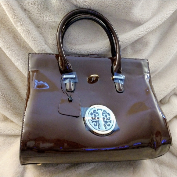 Brown Mia K. MKF Patent Satchel - Picture 1 of 6